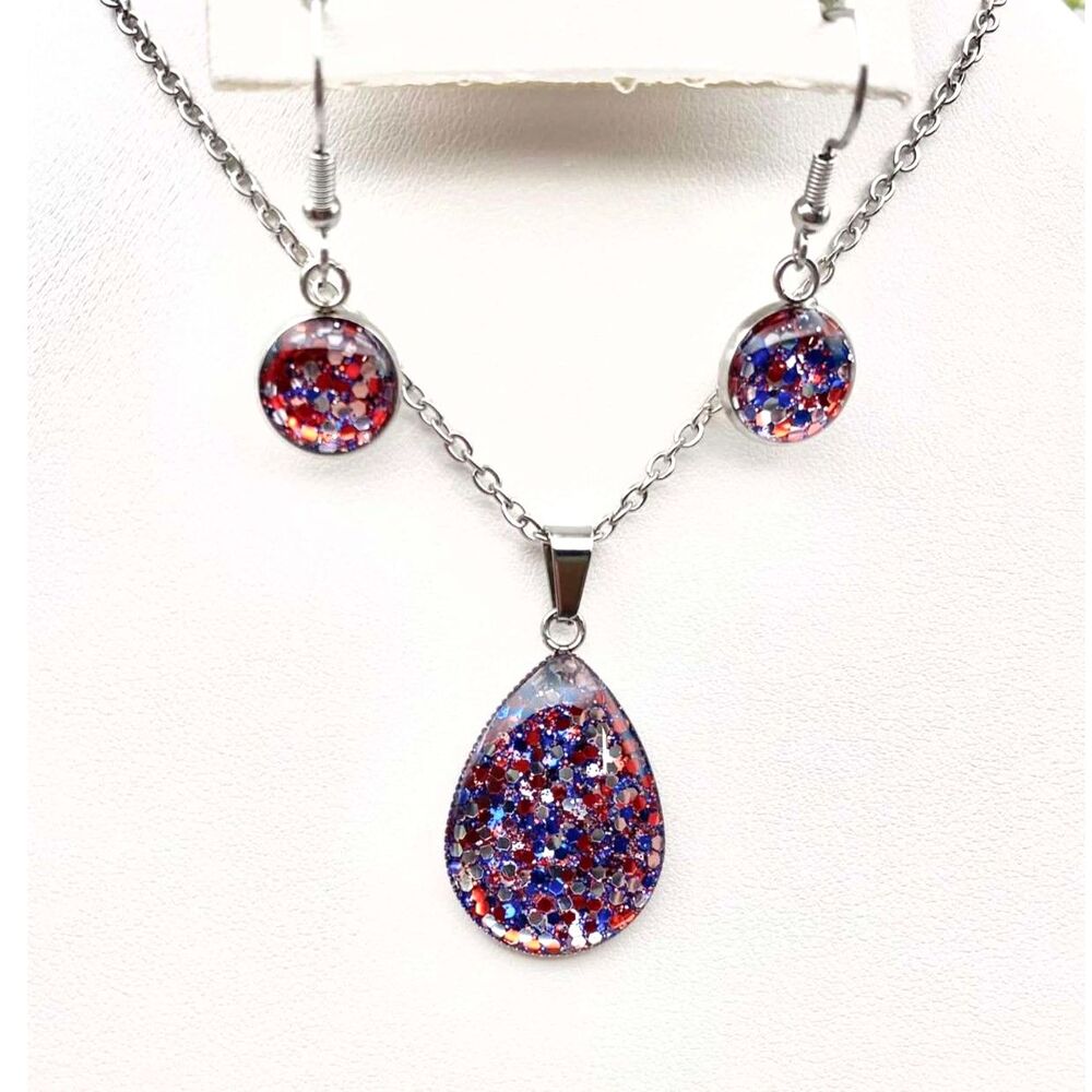 Handmade Patriotic Red White & Blue Cirle Glitter Teardrop Jewelry Set